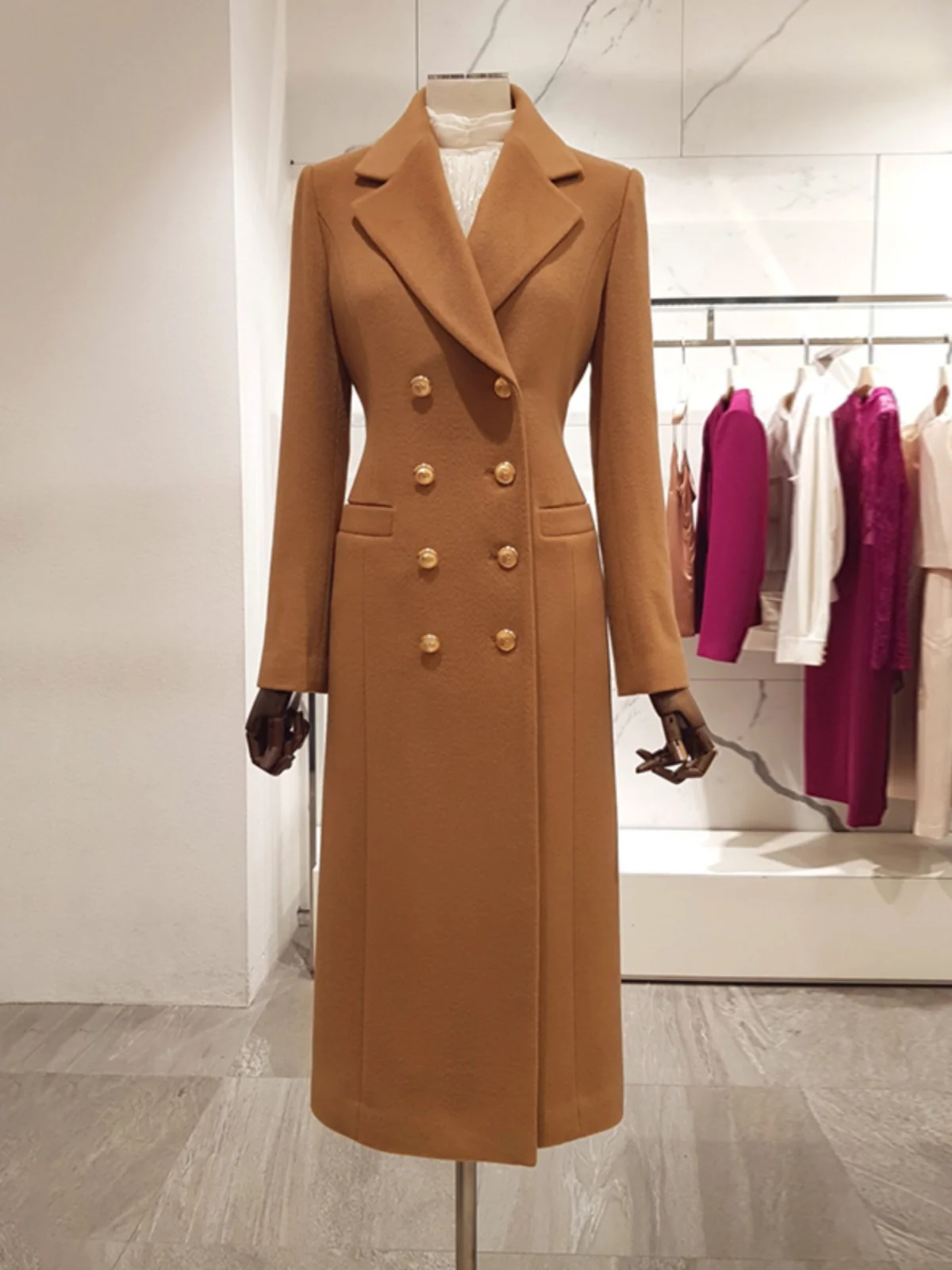 

Autumn Winter Women's Tailored Woolen Coat Slim Fit Knee Length Double Breasted mid Length Commute Wool Coat Korean Sle