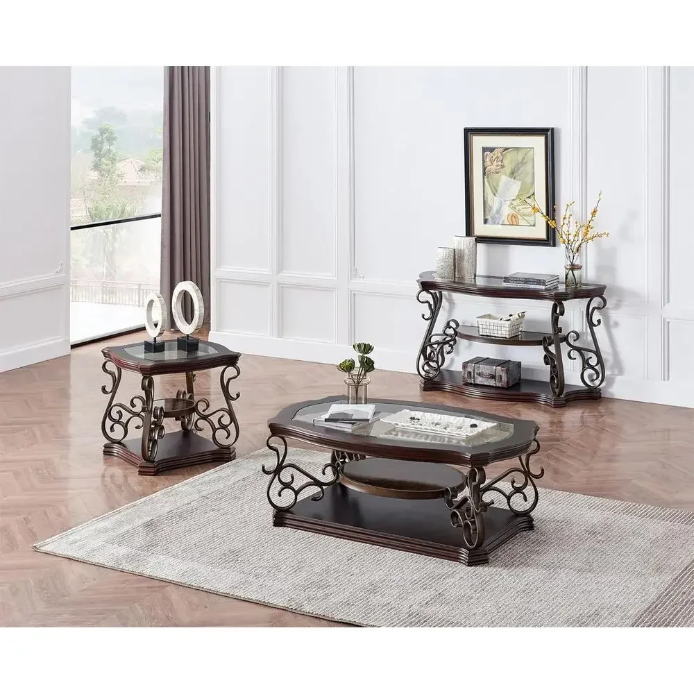 Retro Coffee Table Set for Modern Living Room, Traditional 3-Tier Table with Glass Top and Storage Shelf