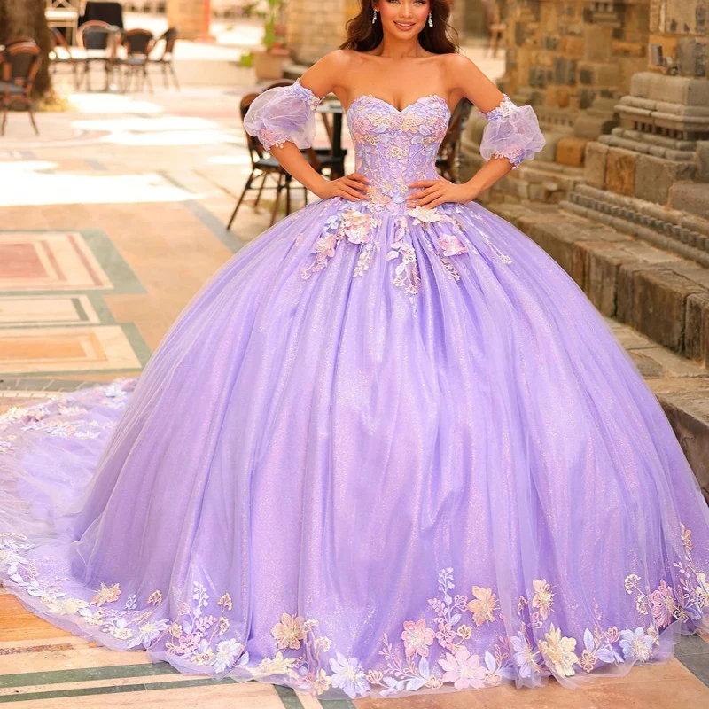 

Customized Lavender Quinceanera Dresses Ball Gown Off The Shoulder Applique Lace Bow Tull Party Birthday Sweet 16 Vestido De 15