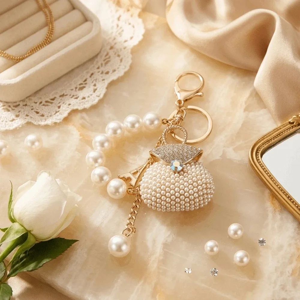 Zirkonbesetzter Perlen-Schlüsselanhänger, Dekorativer Hängeschmuck, Taschenanhänger, Exquisiter Eleganter Strass-Taschen-Schlüsselanhänger – Detail 2