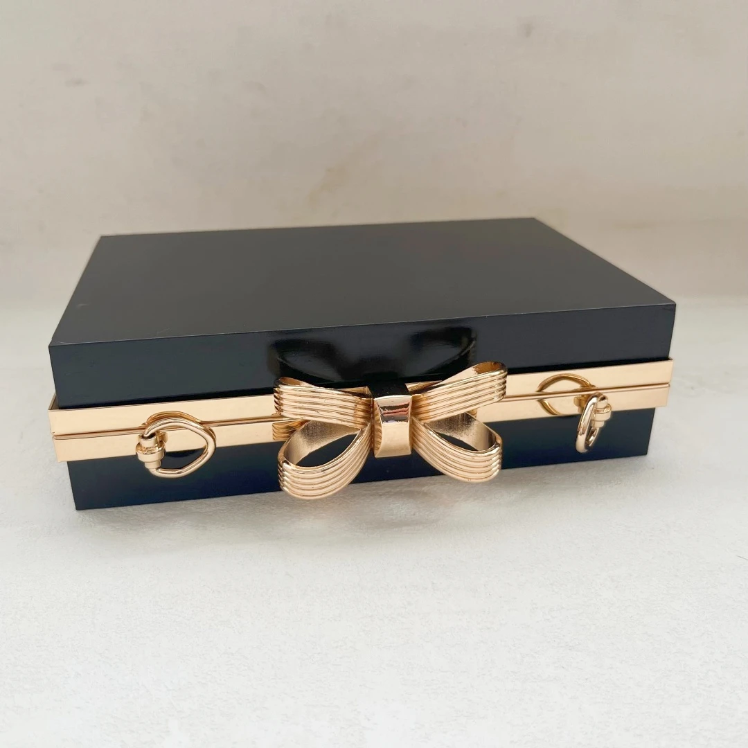 DIY Handbag Accessories 18x12cm Rectangle Metal Box Clutch Purse Frame with Black Plastic Shell And Bow Top Handle for Craft