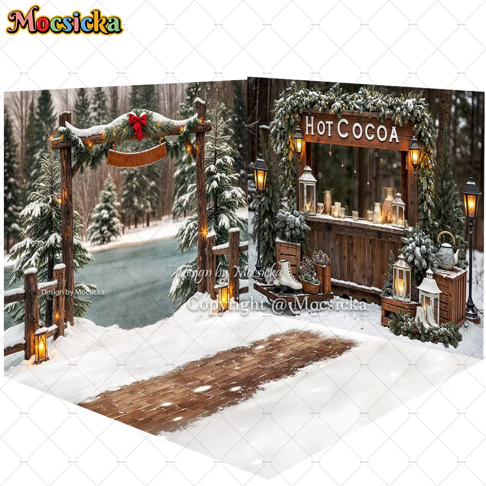 

Mocsicka Snowy Sips Hot Cocoa Room Backdrop for Christmas Photography Ice Rink Lamp Background Winter Kids Birthday Photo Studio