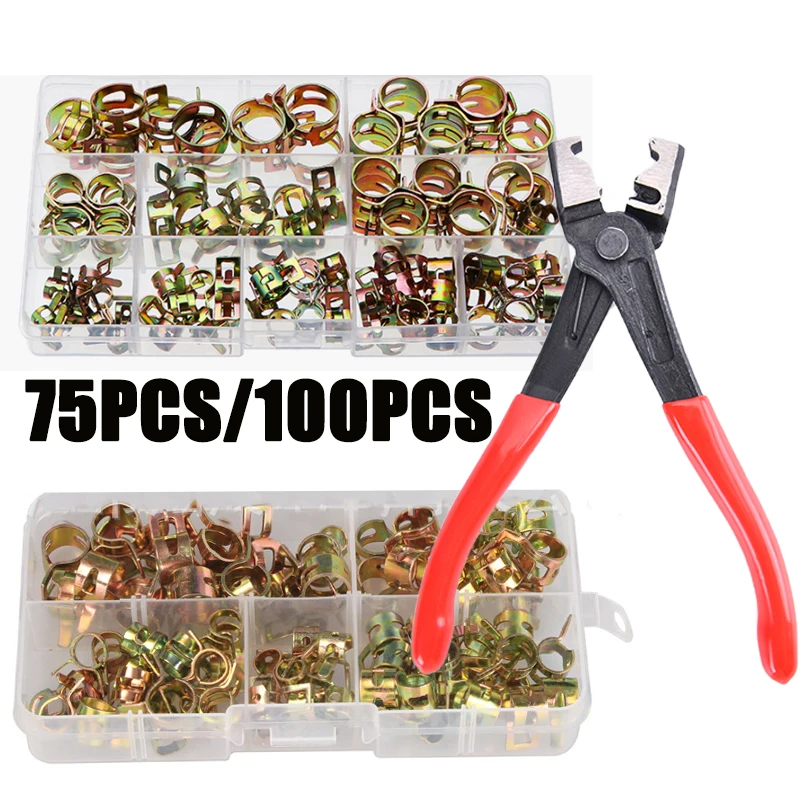 

75/100pcs Spring Hose Clamps Spring Clip Fuel Line Hose Water Pipe Air Tube Clamps Fastener Pipe Clamp with Pliers 6-22mm