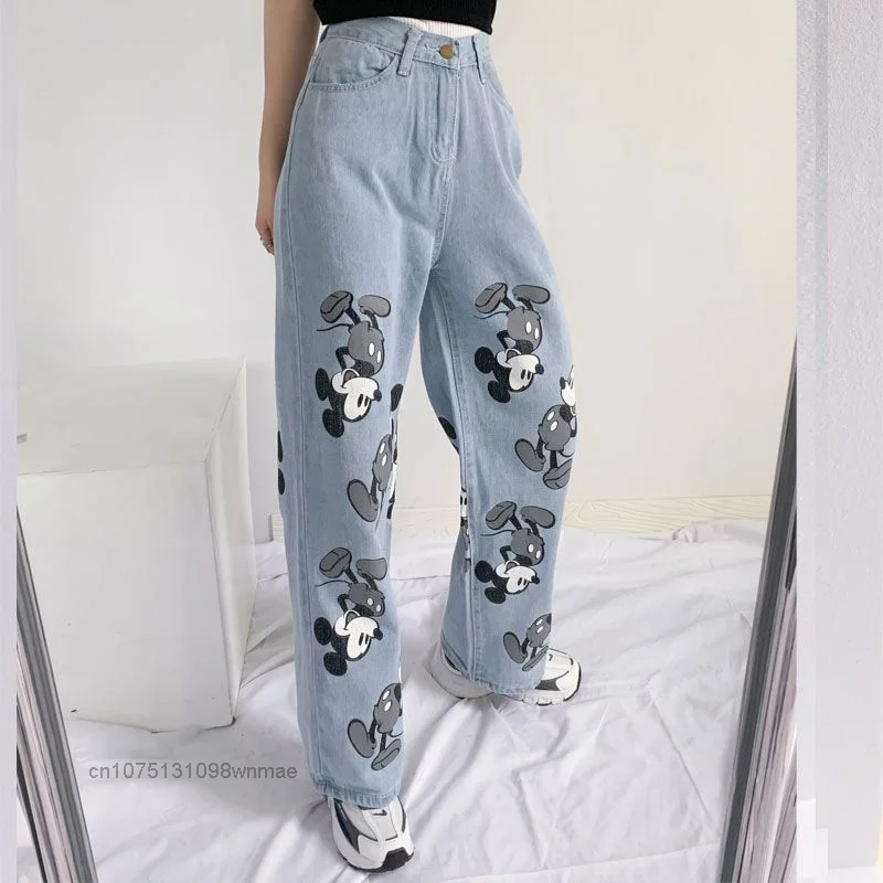 Disney Cute Trendy Cartoon Print Mickey Mouse Jeans for Women New Couple Casual Wide Leg Denim Pants Autumn Trousers Clothes