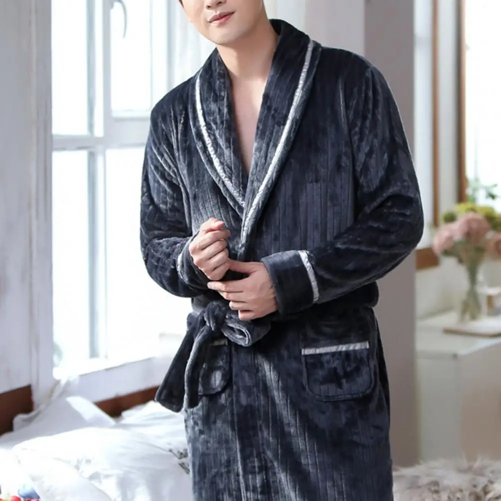 Men Nightgown with Waist Tie Cozy Unisex Coral Fleece Winter Nightgown with Tie Waist Pockets Thick Plush Print Robe for Men