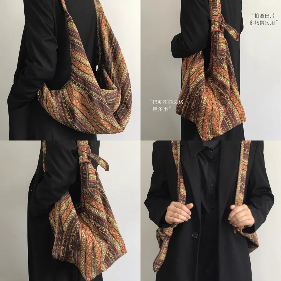 

【New style】Ethnic style travel retro embroidery double-belt bag striped large-capacity canvas bag Multi-purpose backpack can be