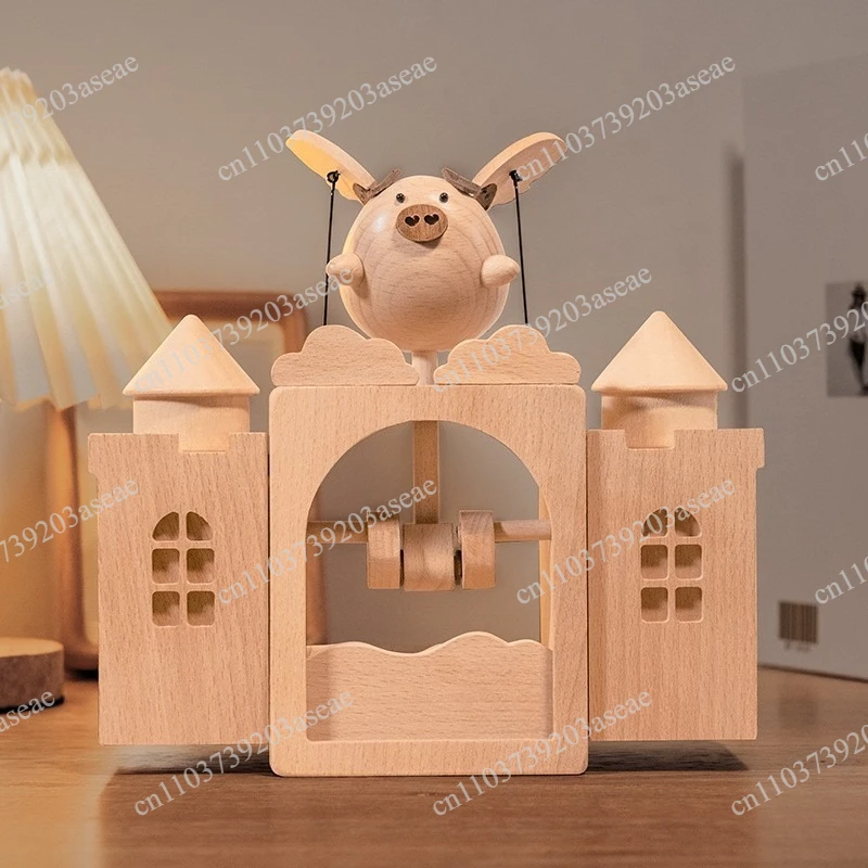 Wooden electric castle little flying pig music box, creative gifts, desktop ornaments, handmade wooden handicrafts