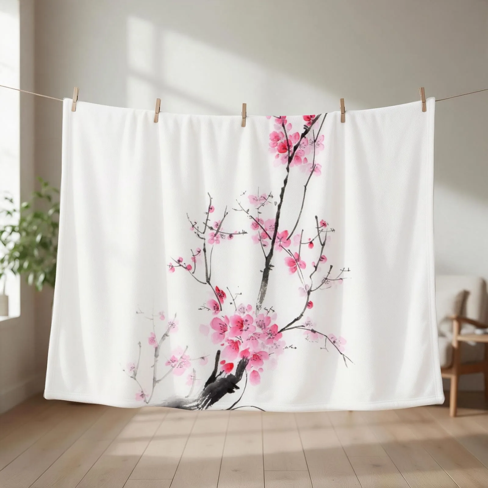 Delicate sakura branch with pink blossoms Japanese Zen sumi-e painting on white rice paper art print Throw Blanket