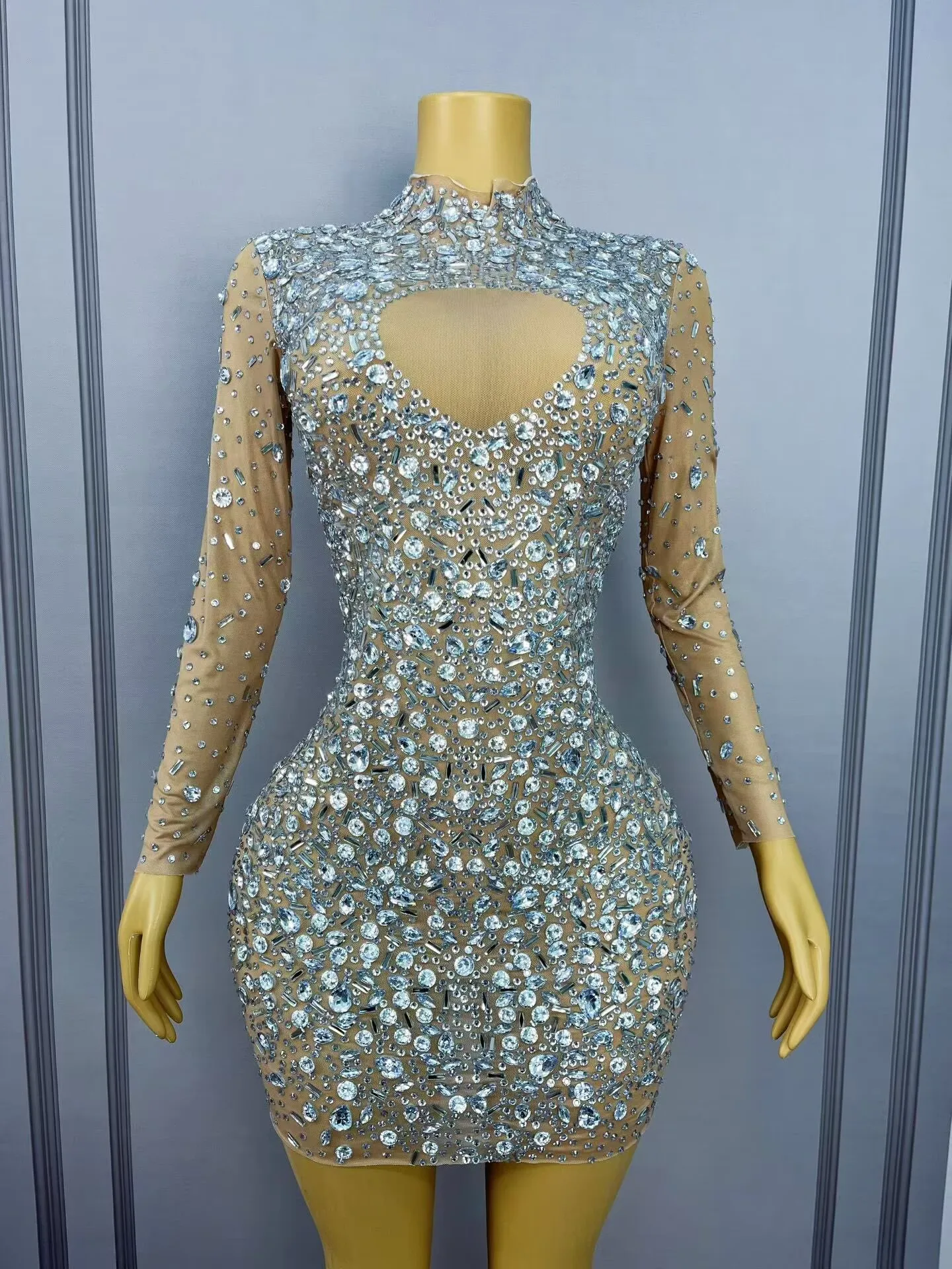 فاخر مثير مساء وامض الفضة الراين عارية شبكة زراعة فستان المرأة عيد ميلاد كوكتيل حزب ثوب السجادة الحمراء الزي