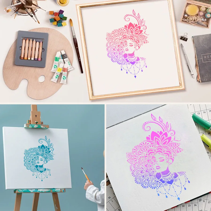 قطعة واحدة من استنسل نسائي بوهو مقاس A4 لطلاء الجدران - قالب سيدة ماندالا DIY للديكور الفني والحرف اليدوية