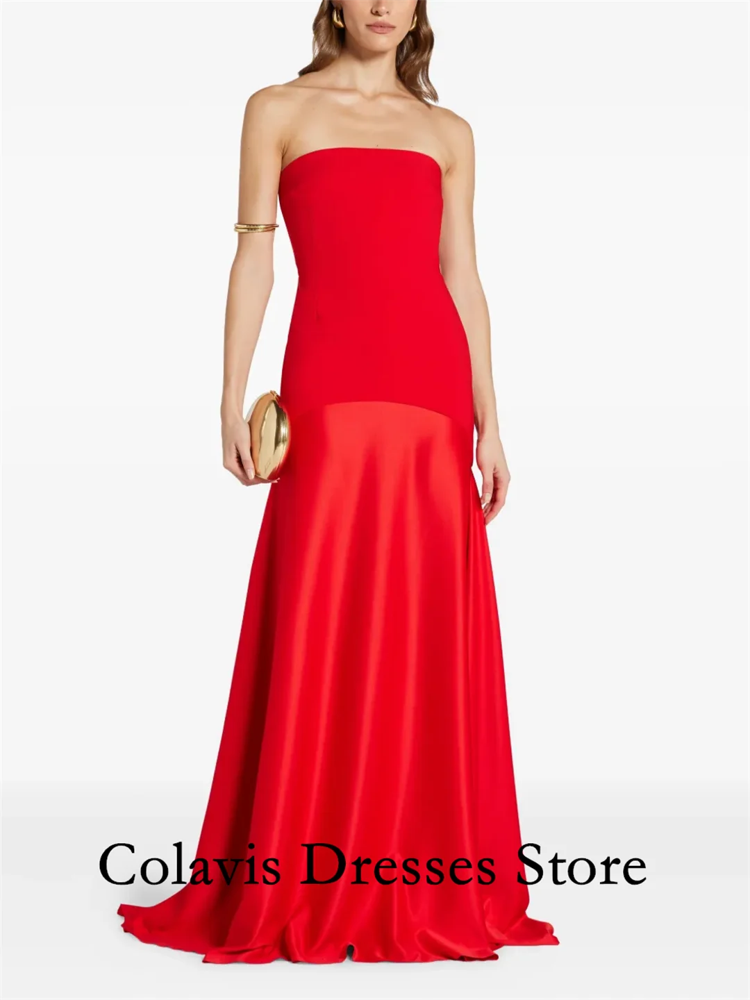 

2025 Customized Strapless Red Sleeveless Satin Simple Prom Dresses Evening Dress Women Evening Gowns Formal Party Dress