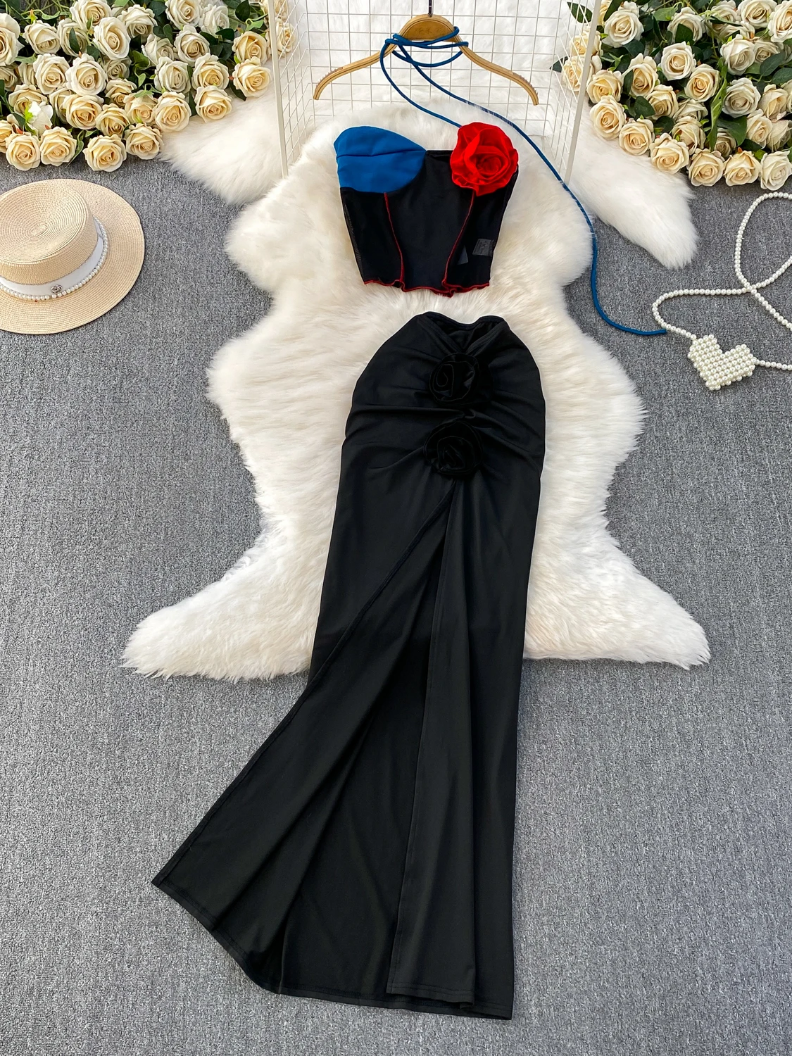 

Vaion Sle ort Color Blo 3D Flower Ne Hanging Tube Top + утягивающая длинная юбка с высокой талией и разрезом, женская мода
