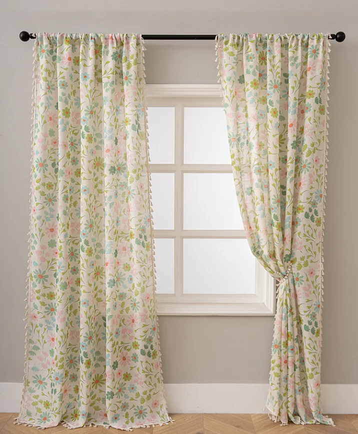 2026 New Style Semi-Transparent American-style Curtain Finished Cotton Linen Country Floral Print Rod Pocket Window Drapes