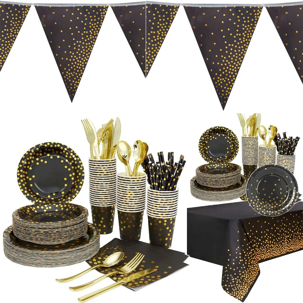 

Black Gold Dot Bronzing Paper Disposable Tableware set Paper Party Supplies Birthday Party Wedding Decorations cup plate golden