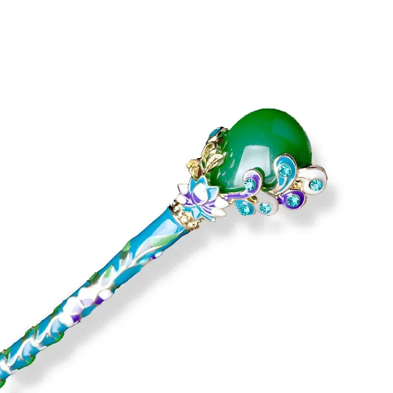 Retro Imitation Jade Hair Stick Classical Palace Alloy Hairpin Women Vintage Pan Hair Headwear Elegant Hair Jewelry