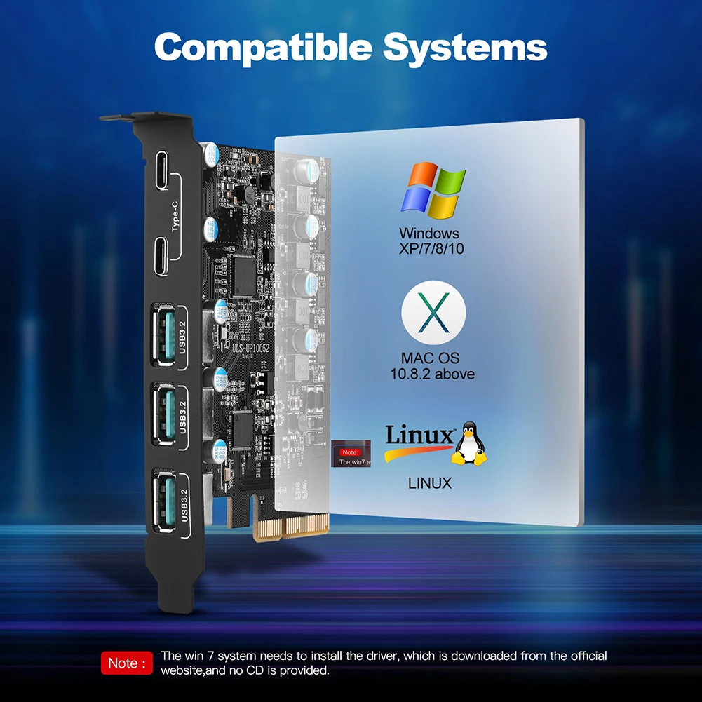 PCIe X4 To USB 3.2 PCIE Card 20Gbps USB Gen2 3x USB3.2 and 2x TPYC-C Support Windows 7/8/10 (32/64 Bit) Mac OS 10.8.2 15W