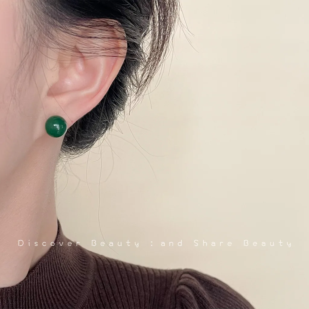 DIY accessories New Chinese-style green agate stud earrings for women's simple and versatile high-end earrings, retro Hanfu cheo view 3