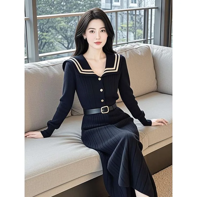 French High Quality Women Striped Sailor Collar Sweater Dress Autumn Winter Pearls Button Knitting Elastic Belt Long Vestidos