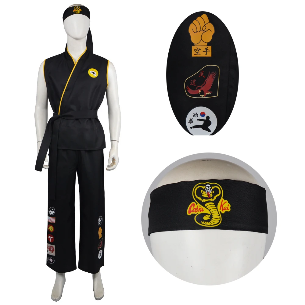 Disfraz de Karate KOF Cobra Kai para niños, uniforme tipo kimono negro para adultos, diadema de Anime, traje de fiesta de Halloween, chándal