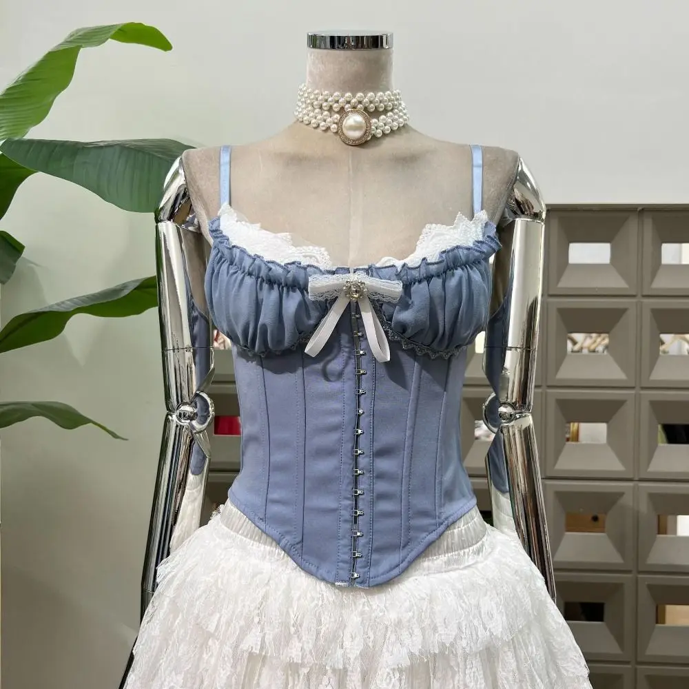 Spicy Girl Style Ruffle Lace Flower Camisole Buckle Bowknot Slim Crop Tops Tank Sweet Suspender Vest Spring Summer