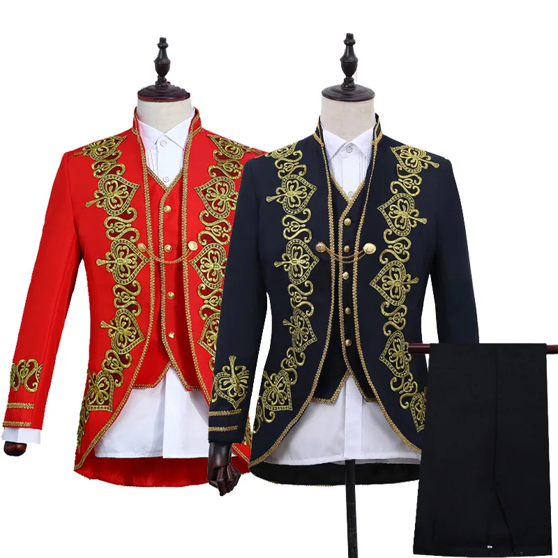 Fashion Men Luxury Jacquard Suit 3 Piece Set Black / Red Classic Male Studio Opera Theatre Performance Dress Jackets Vests Pants