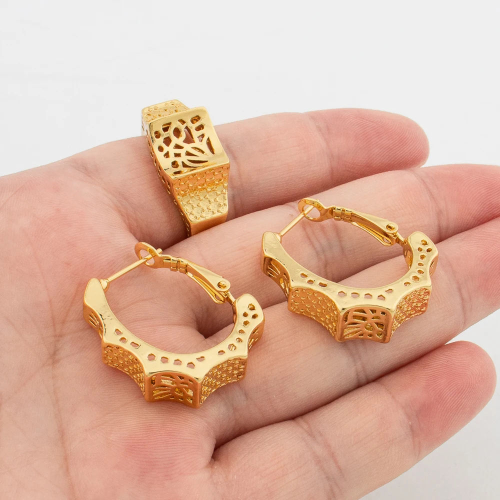 Women African 18k Gold Color Jewelry Set Pendant Necklace Drop Earrings Elegant Ladies Bangle Ring Set for Party Fashion Bangles