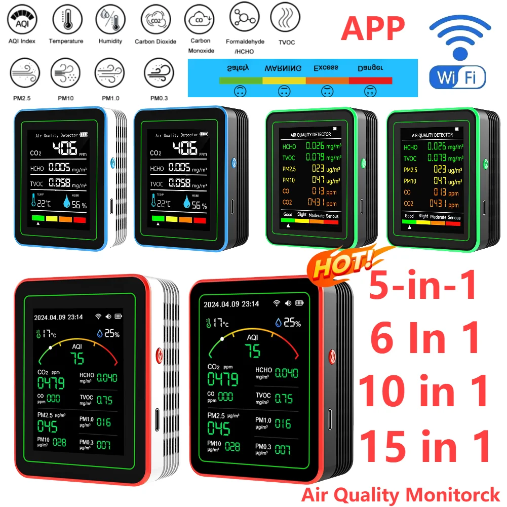 WiFi 15-in-1 Indoor Air Quality Monitor APP Control Portable AQI PM0.3 PM1.0 PM2.5 PM10 Tester Household CO CO2 TVOC HCHO Tester