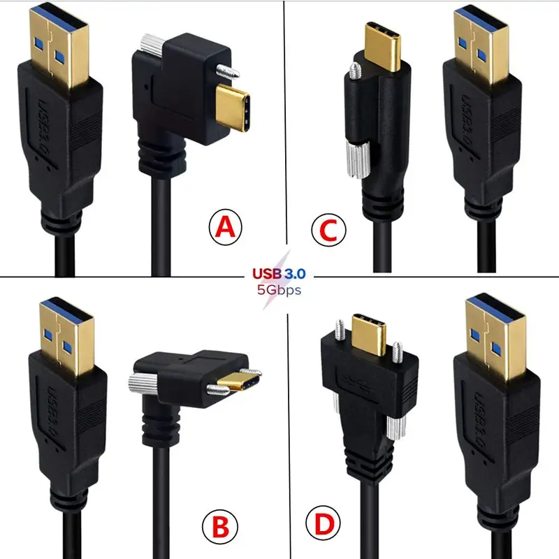 مطلي بالذهب USB3.1 Type-C ذكر إلى USB3.0 ذكر الكوع مع المسمار كابل توصيل البيانات لوحة قفل الكاميرا الصناعية #1
