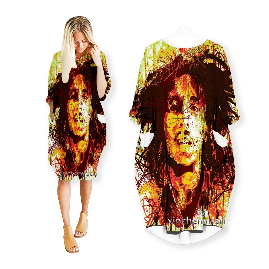 phechion New Fashion Bob Marley 3D Print Dresses Casual Mid-length Dress Women Clothing Pocket Long Sleeve Tops T53