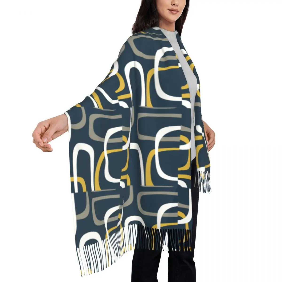 Midcentury современные ретро петли узор шарф с кисточками женские мягкие минималистичные абстрактные геометрические шали обертывания женские зимние шарфы
