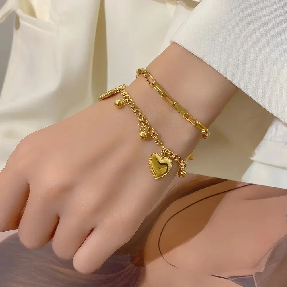 Stainless Steel Charm Fashion Gold Color Double Layer Heart Couple Bracelet for Women Retro Hip Hop Rock Jewelry Gift Colorfast