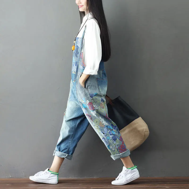 #1401 Vintage Floral Printed Denim Jumpsuits Women Wide Leg Denim Overalls Holes Spaghetti Strap Jeans Jumpsuit Ladies Loose 