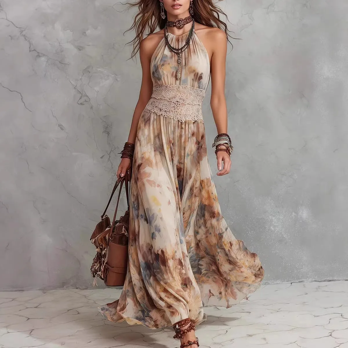 

Woman's Bohemian style vintage oil painting summer floral suspender waist cinching dress beach vacation long dress tourism 2026