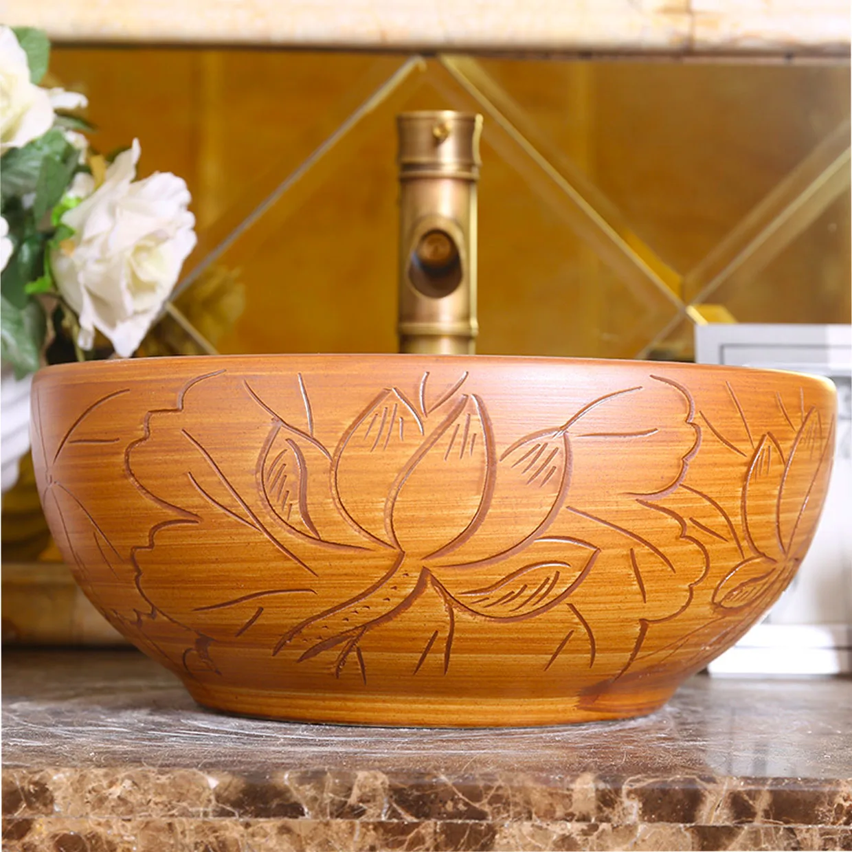 Ceramic Lotus Carving Bowl Basin Art Table Basin Countertop Washbasin Hotel Single Basin Bathroom Sink 410*410*150mm