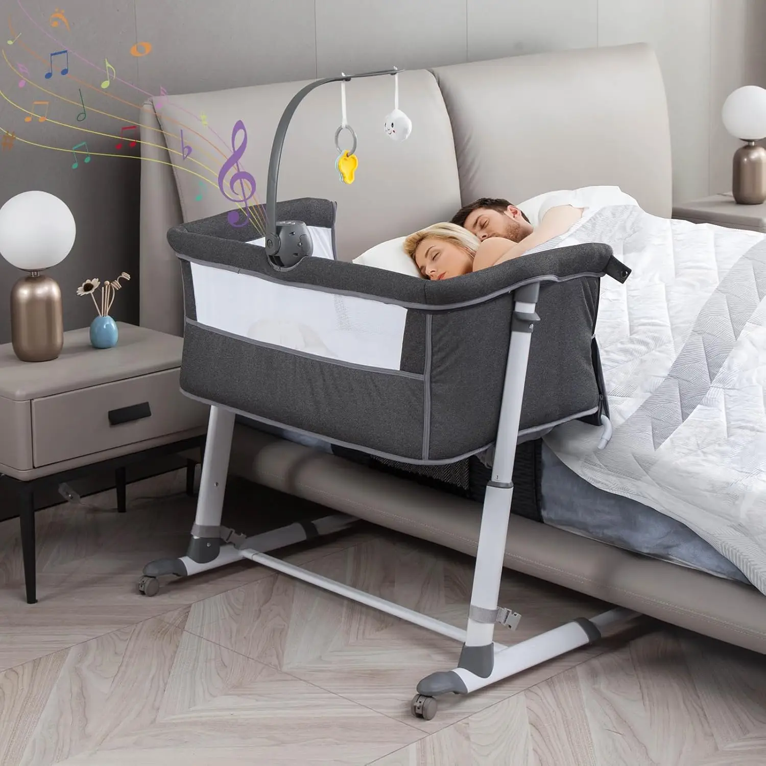 

Yacul Baby Bassinet, Bedside Crib Sleeper with Wheels and Music Box, Breathable Mesh Height Adjustable Baby Bedside Sleeper