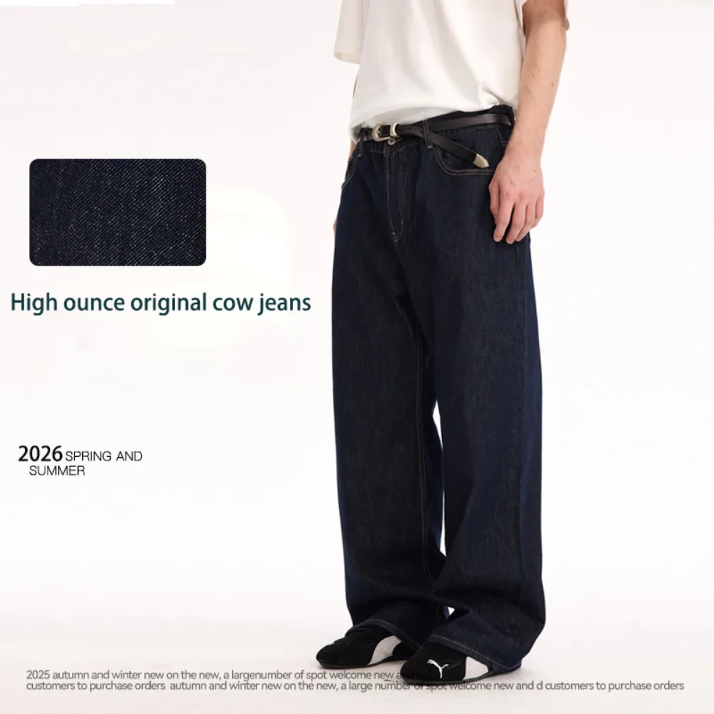 

Classic High Ounce Original Cow Cotton Straight Jeans Spring and Summer Men's Retro Loose Mid Waist Washed Black Wide Leg Jeans