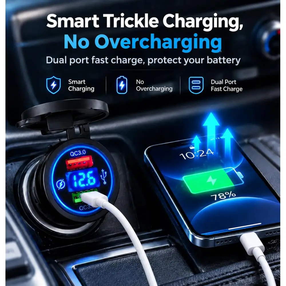 Dual QC3.0 65W USB Car Charger 12-24V LED Light Ring Voltage Display Fast Charging Socket for Car Motorcycle Boat RV 2026 NEW