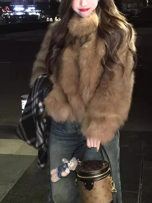 

Trendy Two-Tone adient Fur Coat ort Thiened Women's Winter Outerwear Eco-friendly Soft Plu Commute Sle Loose Fit