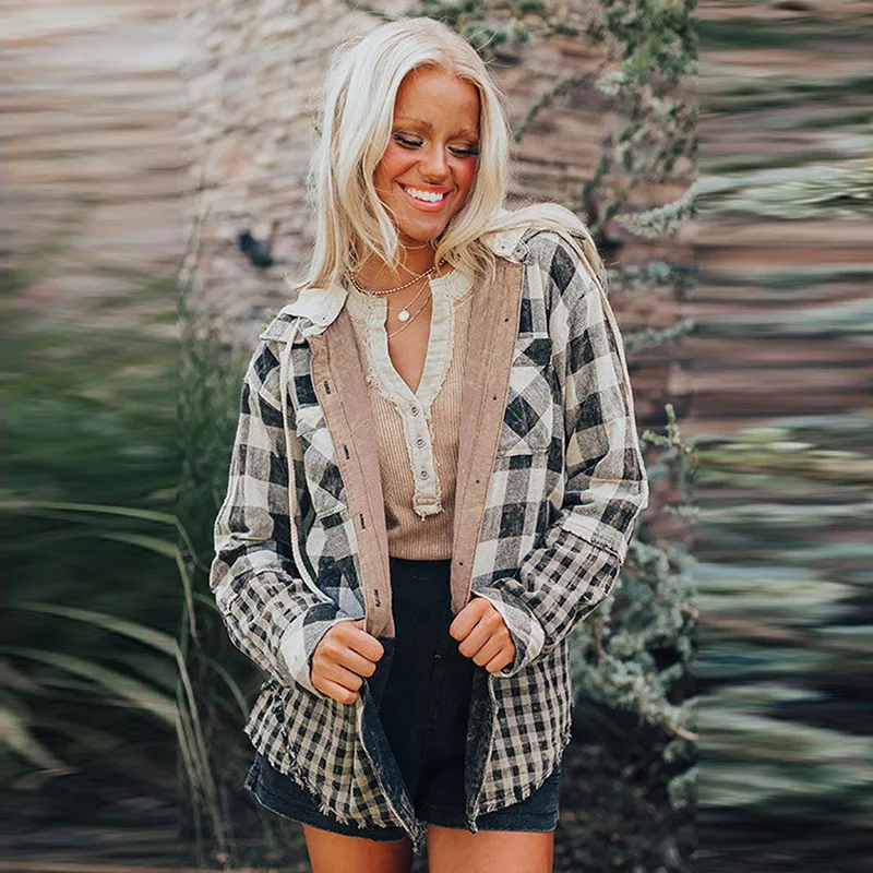 

2025 Autumn Winter New Drawstring Hooded Jacket for Women European and American Fashion Versatile Plaid Print Long Sleeve Coat f