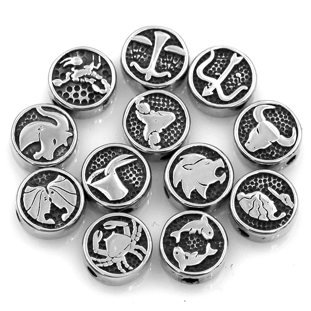 12pcs Mixed DIY Stainless Steel 12 Constellations Zodiac Signs Beads Twelve Signs Zodiac Charms Fit Jewelry Making Aceesories