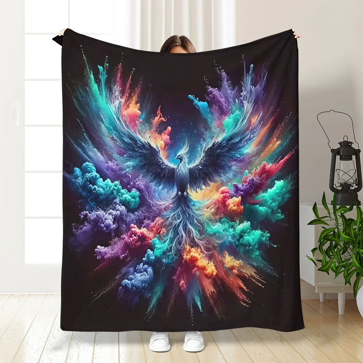 

1pc Comfortable Blanket Soft Bohemian Flannel Blanket Vibrant Phoenix Print Plush Cover Blanket Sofa Decor