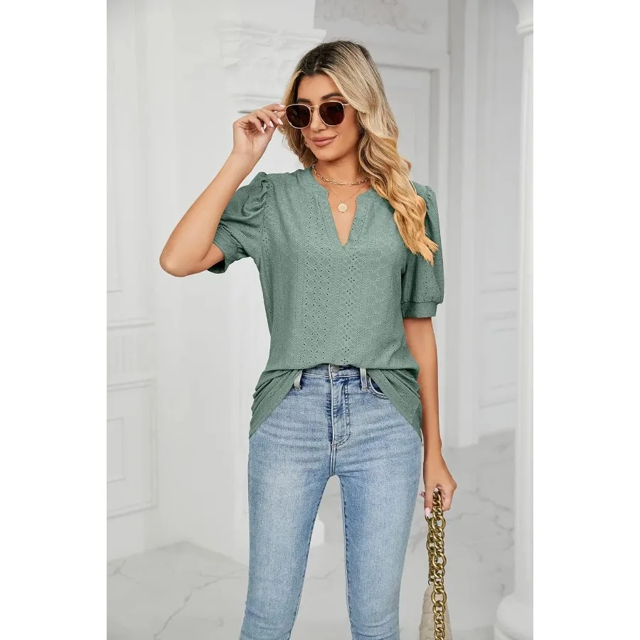 Women's Summer V Neck Ruffle Sleeve Blouse Short Sleeve Casual Top T-Shirt