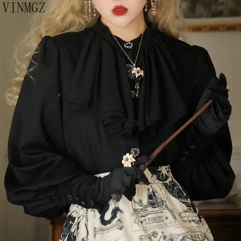 French multi-layer scarf satin leg of lamb sleeve shirt autumn and winter elegant original witch bounty Lolita shirt