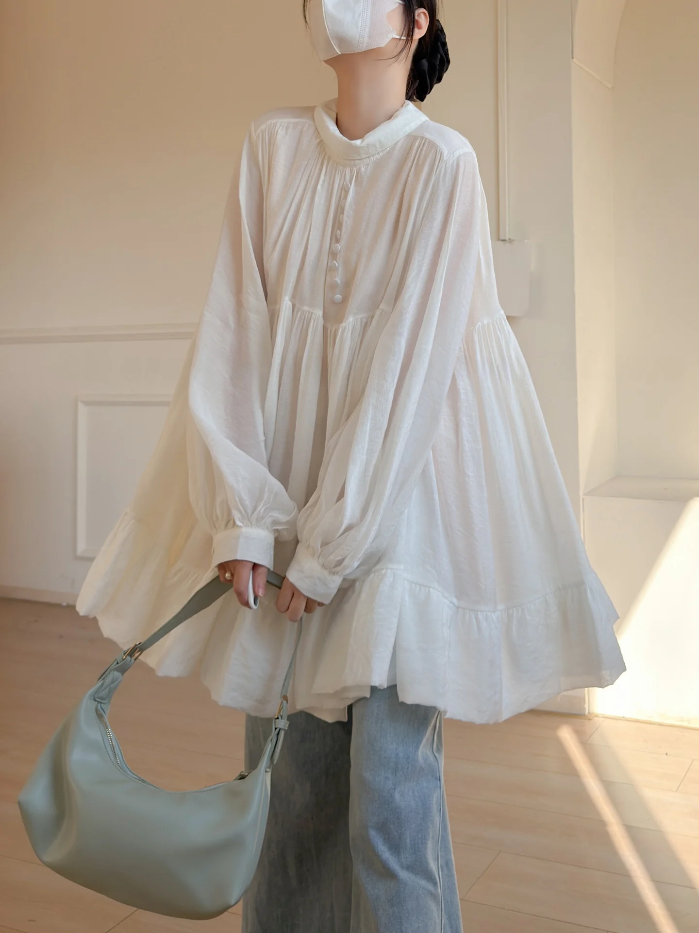 

Женское свободное повседневное платье-рубашка Sweet Early Spring Bubble с расклешенным подолом, воротником-стойкой, из смесового хлопка, для стройнящего эффекта