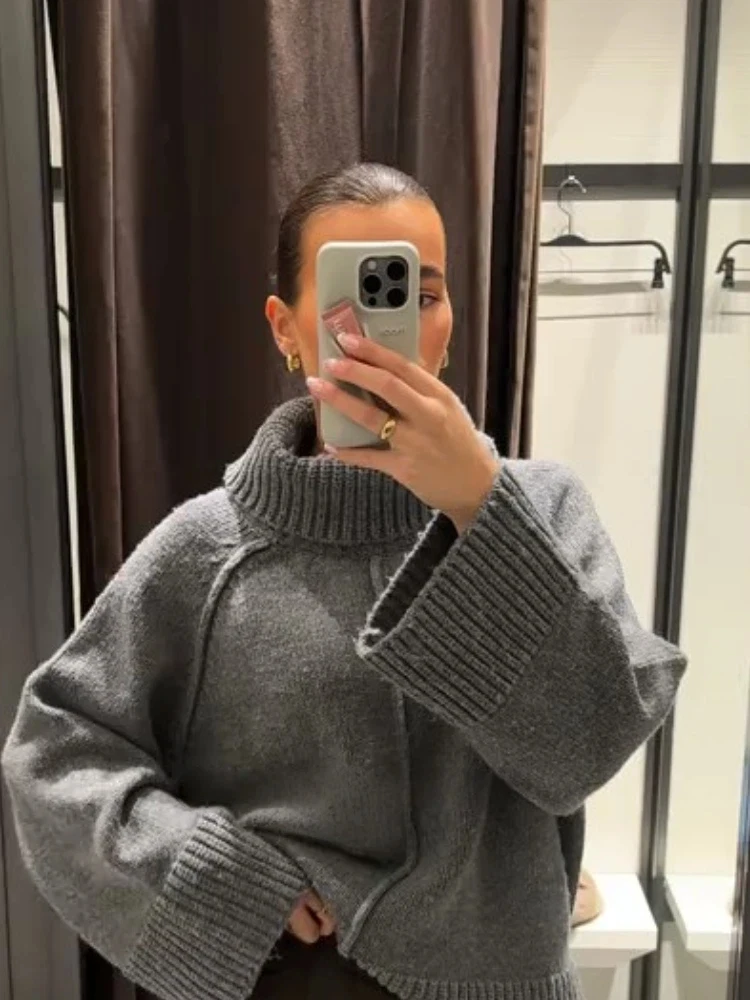 Camisola de gola alta feminina oversize inverno vintage malha cinza camisola pulôver feminino macio cinza quente camisola para mulher