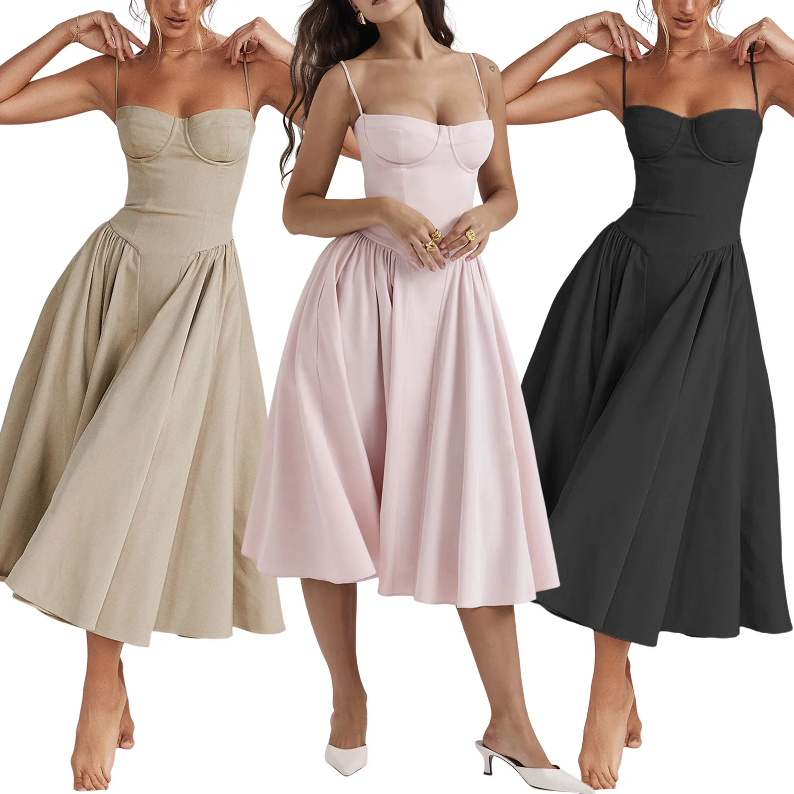 Elegant Women Solid Sling Long Pleated Dress Chic Sleeveless Backless A-line Dresses 2024 Summer Party Club Date Evening Robes