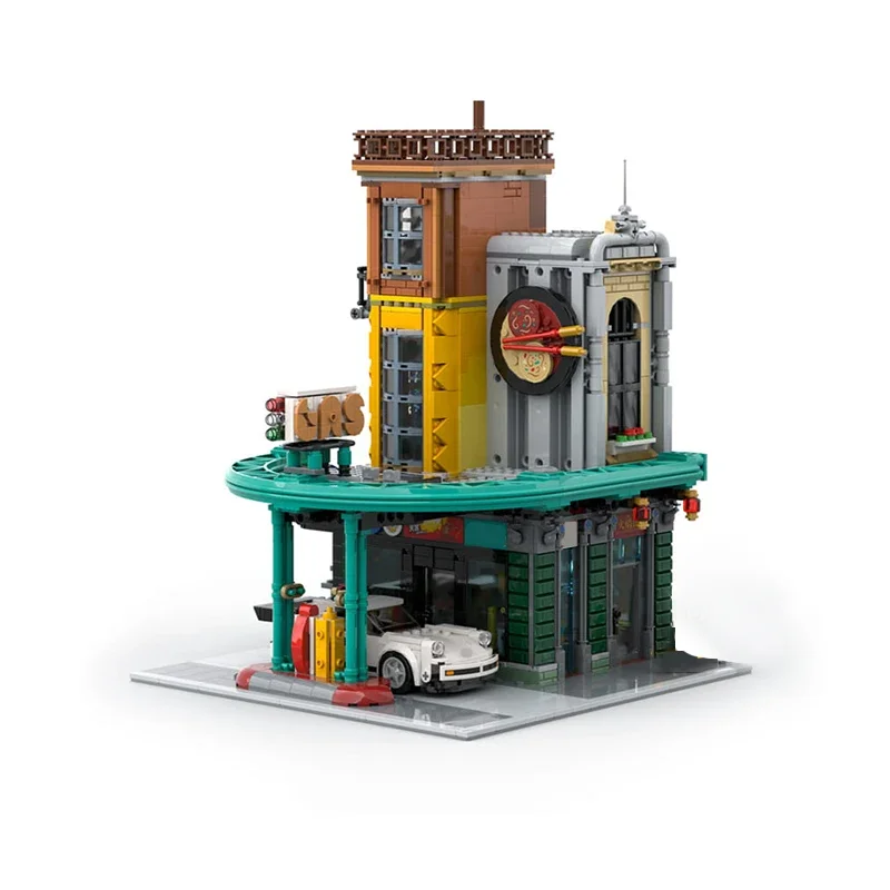 Street View Modell MOC Bausteine Tankstelle Convenience Store Modulare Technologie Geschenke Urlaub Montieren Kinder Spielzeug Anzug