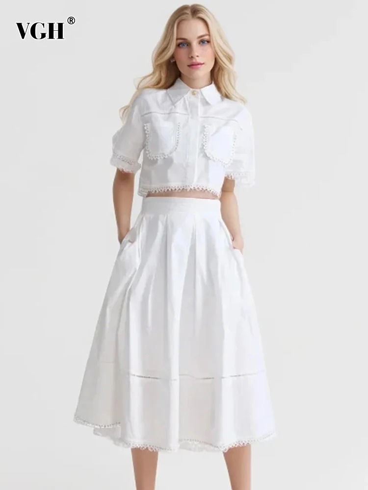 VGH Casual Solid Two Piece Sets For Women Lapel Short Sleeve Tops High Waist Loose A Line Skirt Minimalist Set Female Fashion