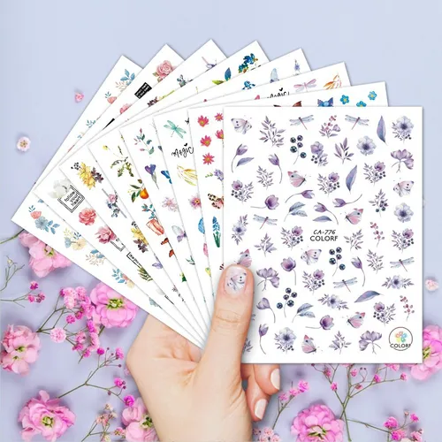 Imagen 2 del producto Pegatinas deslizantes adhesivas para decoración de uñas 3d, flores moradas, hojas, frutas, mariposas, calcomanías para decoración de uñas, manicura