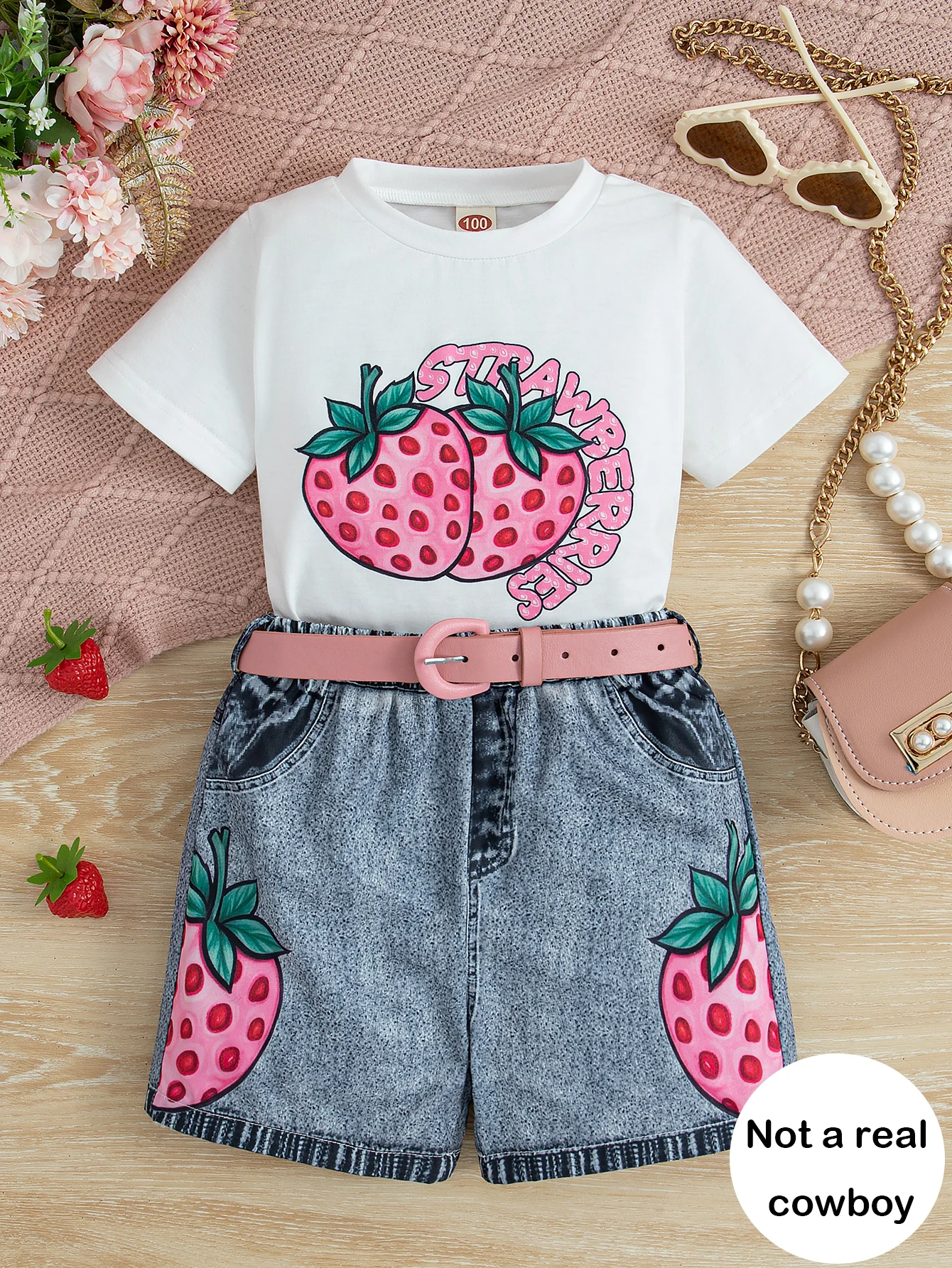 Daily casual summer outing round neckline short sleeve printed cartoon knitted top and girls shorts set with belt